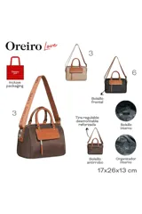 Cartera tipo morral y bandolera de color marrón con detalles en tostado. Cuenta con doble asa de mano, correa ajustable y desmontable, y un bolsillo frontal con solapa y cierre.