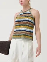 Musculosa tejida a crochet con algodón orgánico, acrílico y lino orgánico. Diseño multicolor a rayas horizontales.