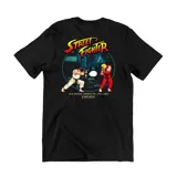 Remera de algodón color azul marino con estampa pequeña de una máquina arcade en el pecho y estampa grande en la espalda con diseño inspirado en Street Fighter.