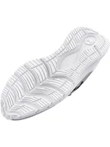 Championes de running Under Armour modelo Phade RN 2, color blanco con detalles en negro. Presentan una parte superior de malla transpirable, entresuela de EVA para mayor amortiguación y suela de goma resistente con ranuras flexibles.