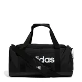 Bolso Adidas Linear Duffel negro con logo blanco, doble asa de mano y correa de hombro ajustable.