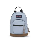 Mochila Jansport Right Pack Mini color celeste con base marrón, logo de la marca en el frente, asa de mano negra y un bolsillo frontal con cierre.