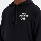 Canguro negro de algodón con capucha, cordones ajustables y bolsillo tipo canguro. Logotipo de New Balance estampado en el pecho.