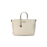Cartera de formato amplio y estructurado, color marrón, con doble asa de mano y correa larga desmontable y regulable que permite llevarla al hombro o cruzada. Cuenta con cierre superior y aplique decorativo en el frente.