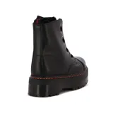 Botas de cuero sintético negro con plataforma, cordones y cierre frontal con cremallera.