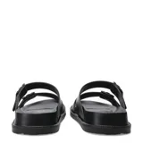 Sandalias de hombre tipo Birkenstock, color negro, con dos tiras anchas ajustables mediante hebillas del mismo tono y suela de goma antideslizante.