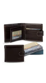 Billetera de cuero negro con presilla y broche a presión. El interior cuenta con un volante central, visor transparente, múltiples tarjeteros y bolsillos. Tiene doble compartimento para billetes y un bolsillo interno con cierre en la parte posterior.