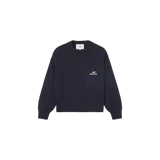 Sweater de punto color azul marino, de corte oversize, con cuello redondo y el logotipo de la marca bordado en el pecho en tono claro.