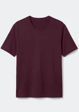 Remera básica de manga corta y cuello en V, de color azul, con diseño liso y corte clásico.