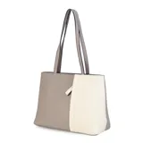 Cartera tipo tote de cuero sintético con diseño combinado en tono gris y blanco, textura granulada, asas largas para el hombro y cierre superior.