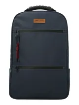 Mochila RKF de diseño minimalista en color azul navy, fabricada en poliéster reciclado repelente al agua. Cuenta con dos bolsillos frontales con cierre, asa superior reforzada, correas ajustables y un llavero mosquetón decorativo con cordón rojo.