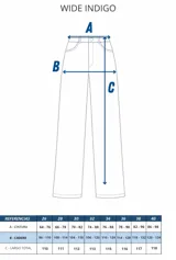Jean de corte wide leg y tiro alto, confeccionado en denim azul oscuro. Presenta un diseño de pierna amplia y recta con costuras reforzadas en el ruedo.