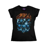 Remera negra de corte entallado con estampa frontal de la banda Airbag, con diseño de calaveras y elementos musicales en tonos azules y naranjas.