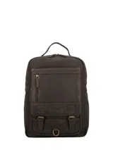 Mochila Hush Puppies de cuero natural color café, con diseño estructurado, cierre principal, bolsillo frontal con solapa y correas decorativas con hebillas metálicas.