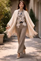 Camisa de tencel con estampado floral, cuello con chabot y volados frontales, de corte suelto y manga larga.