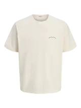 Remera color hueso de algodón con cuello redondo y manga corta. Estampado en la espalda con diseño de hojas de palmera y texto "Brezza Del Mattino Originals Summer Edition EST 1990".