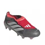 Championes de fútbol Adidas Predator Elite GT/FG, color gris oscuro con las icónicas tres franjas en blanco y plateado, solapa plegable roja sobre los cordones y detalles en rojo y suela tornasolada.