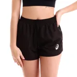 Short deportivo Asics para mujer, color negro con cintura elástica ajustable mediante cordón y logo de la marca estampado en blanco en el lateral.