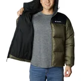 Campera puffer con capucha, diseño bicolor en verde oliva y negro. Cuenta con cierre frontal completo, protector de mentón, bolsillos laterales con cierre y puños elásticos. Incorpora tecnología de aislamiento Thermarator y tejido deperlante al agua.