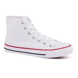 Championes de lona blancos de caña alta con cordones y suela de goma con líneas decorativas en rojo y negro.