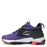 Championes de básquet Topper modelo Basket Flight, color violeta con detalles en negro, blanco y naranja. Presentan una estructura de malla transpirable, refuerzos laterales sintéticos y suela con diseño de tracción multicolor.