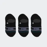 Pack de tres pares de medias Stance invisibles, color negro con rayas blancas y turquesas.