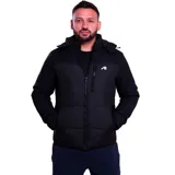 Campera inflada negra con capucha desmontable, cierre frontal y bolsillo con cierre en el pecho. Presenta un diseño acolchado y logo estampado en el frente.