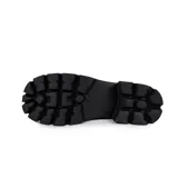 Bota de cuero azul con estampado de piel de serpiente, laterales elásticos negros, suela track negra y tiradores en la caña.