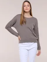 Buzo de punto calado en hilado fino marca Allie Rose, color gris, con escote redondo amplio, mangas largas de hombro caído y puños y ruedo acanalados.