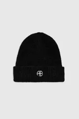 Gorro de lana de alpaca y lana color negro, con diseño tejido de canalé y solapa doblada con el logotipo de Anine Bing bordado en blanco.