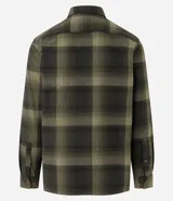 Camisa de manga larga con diseño de cuadros en tonos marrones, confeccionada en algodón. Presenta cuello camisero, cierre frontal con botones y un bolsillo en el pecho con botón.