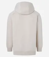 Saco masculino color beige, con capucha ajustable con cordón, cierre frontal por cremallera, manga larga con puños ajustados, bolsillo canguro y estampado lettering en el pecho.