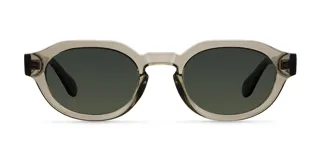 Lentes de sol con montura geométrica color beige y lentes verdes polarizadas.