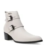 Botas de caña baja marca Bottero, confeccionadas en cuero color blanco, con dos correas decorativas con hebillas metálicas oscuras y taco cuadrado negro.