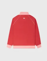Campera deportiva Coolway de corte suelto (loose fit) con cierre frontal, cuello alto y bolsillos laterales. El cuerpo principal es rojo vibrante y los puños, cuello y detalles de las mangas son de color rosa claro, con dos franjas del mismo rosa claro a lo largo de las mangas.