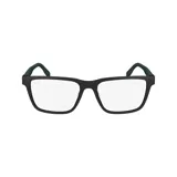Armazón para lentes recetados Lacoste modelo 6010/55, color negro con detalles en verde en los terminales de las patillas. Diseño rectangular con clip-on.