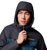 Campera técnica Columbia con capucha, diseñada con tecnología impermeable y transpirable Omni-Tech y forro termorreflectante Omni-Heat Infinity. Presenta construcción HeatSeal sin costuras, aislamiento de plumón de 650 fill power, cierre frontal completo, bolsillos laterales con cremallera y puños ajustables.