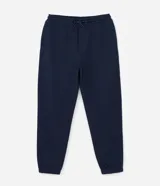 Pantalón jogger negro de algodón y poliéster, con cintura elástica y cordón ajustable. Presenta bolsillos laterales y puños ajustados en los tobillos.