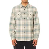 Camisa de franela de peso medio con diseño a cuadros en tonos beige, verde y azul. Presenta cuello clásico, cierre frontal con botones, mangas largas y dos bolsillos frontales con solapa y botón.
