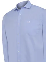 Camisa de manga larga RKF confeccionada en popelina de algodón, con diseño de cuadros finos en tono azul. Presenta cuello italiano, cierre frontal con botones y bolsillo en el pecho con el logo de la marca bordado.