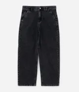 Pantalón de jeans para hombre, modelo super baggy, color negro con efecto marmoleado (acid wash). Presenta cintura con trabillas, cierre tradicional y bolsillos.