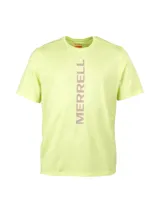 Remera técnica de manga corta Merrell, diseñada para trail running, en color amarillo neón con logo estampado vertical en el frente.