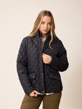 Campera acolchada de diseño matelassé, color negro, con cuello alto, cierre frontal con cremallera y botones a presión, y bolsillos delanteros con solapa.