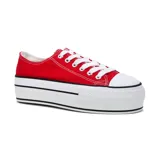Zapatillas deportivas acordonadas de tela color rojo con plataforma blanca.
