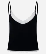 Blusa de tirantes finos confeccionada en tejido rib de viscosa, color negro con detalle de encaje blanco en el escote y en el ruedo.