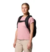 Mochila negra de 30 litros con compartimento principal y funda interior acolchada para portátil, bolsillos laterales de malla para botellas y panel trasero transpirable.