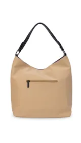Cartera tipo hobo de tamaño grande en color beige, con detalles en negro. Presenta una franja horizontal negra con el logo de la marca, asa corta de hombro y correa larga desmontable. Incluye bolsillo frontal con cierre oculto y bolsillo trasero.