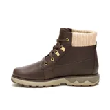 Bota de cuero marrón con cuello de tejido de punto en color beige. Presenta cierre de cordones con ojales metálicos dorados, logo de la marca en el lateral y en la lengüeta, y suela de goma con diseño dentado en tono arena.