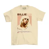 Remera de algodón color beige con estampado frontal de Billie Eilish y diseño gráfico inspirado en el álbum Happier Than Ever.