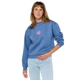 Buzo azul de corte relajado con cuello redondo y puños acanalados. Presenta un pequeño logo estampado en el pecho.